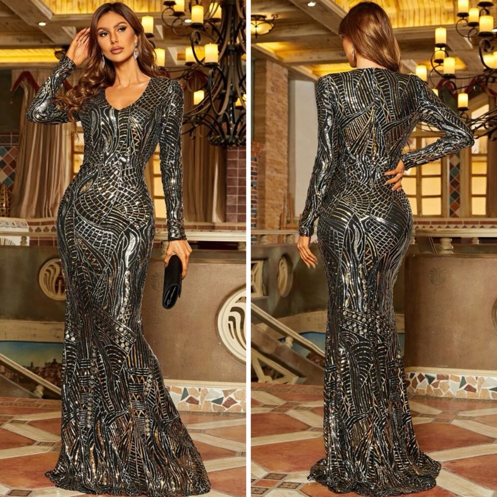 Black Silver and Gold Sequins Formal Gown